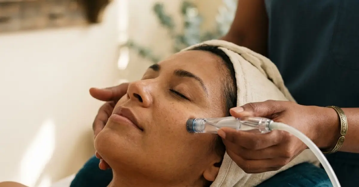 A woman with melanin-rich skin receiving a HydraFacial at Kintsu Medical Aesthetics