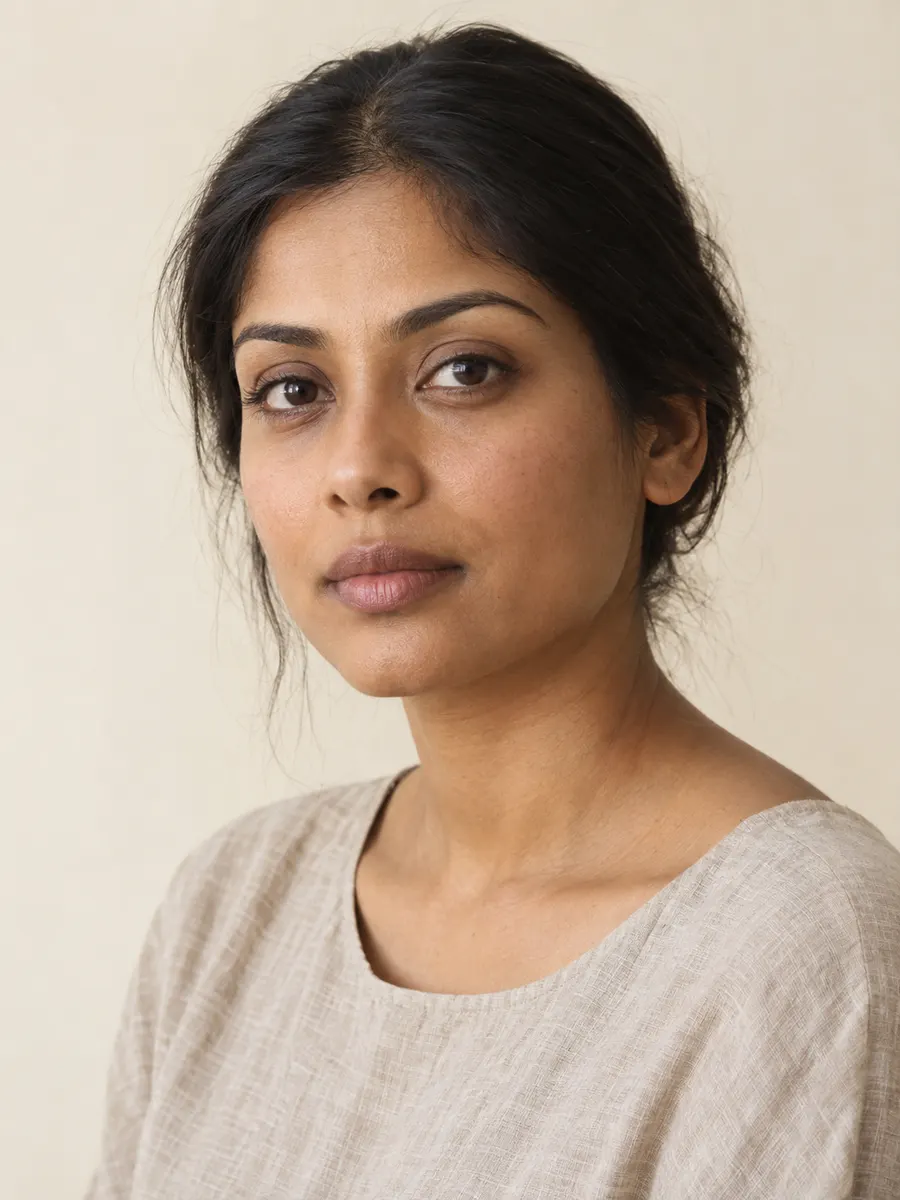 A woman in a linen top, looking calmly at the camera