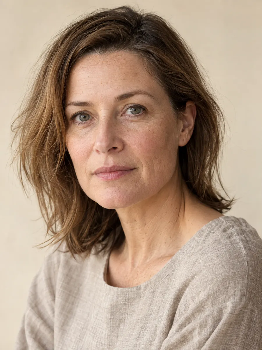 A woman with shoulder-length hair, relaxed, looking at the camera